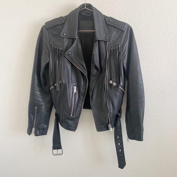 All Saints Tassel Fringe Balfern Leather Motorcycle Moto Jacket Black 0 - Picture 2 of 10